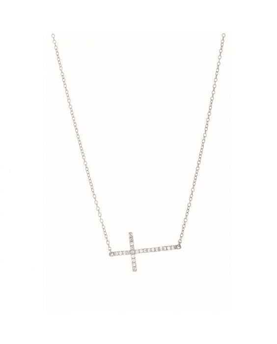 Sideways CZ Cross Necklace, Sterling Silver