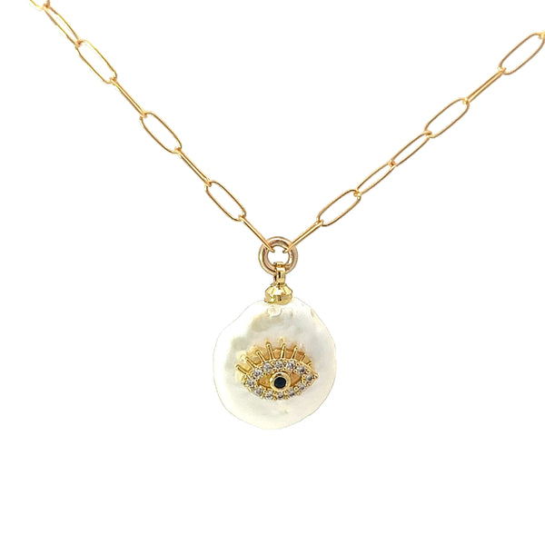 Nazar Cultured Pearl Evil Eye Necklace,Gold Vermeil