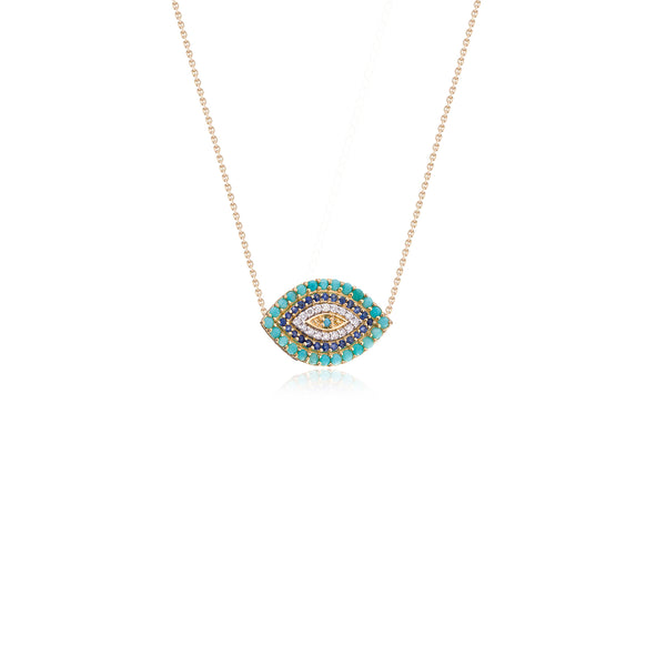 Nazar Evil Eye Necklace , Diamond Turquoise and Sapphire 14K Gold