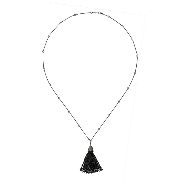 Moriko,  Diamond and Black Spinel Tassel Necklace, Sterling Silver