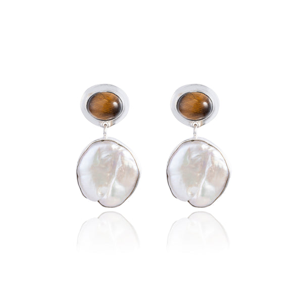 Jackie Baroque Pearl and Tiger's Eye Earrings, Sterling Silver