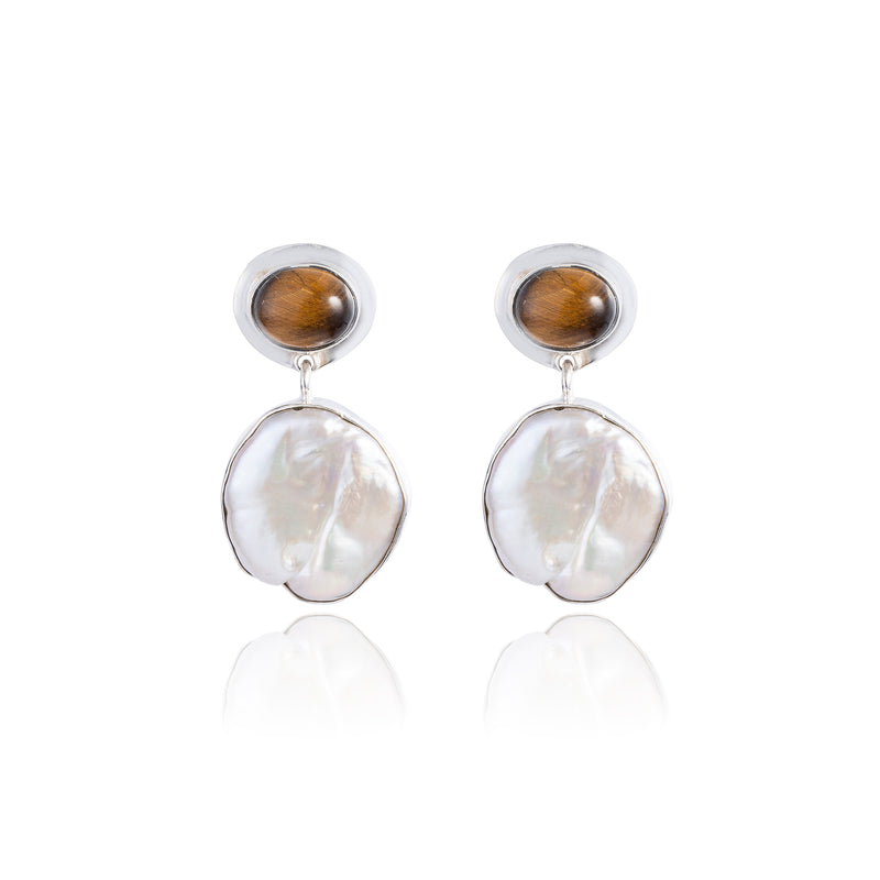 Jackie Baroque Pearl and Tiger's Eye Earrings, Sterling Silver