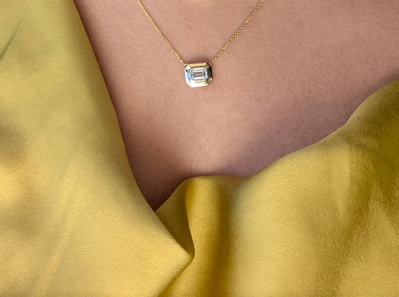 Akari Double Bezel Emerald Cut Diamond Necklace, 14k Gold