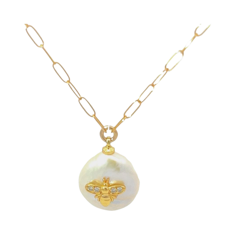 Darva Cultured Pearl with Bee Pendant on  Gold Vermeil Paperclip Necklace