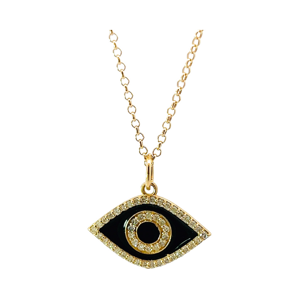 Nazar Black Enamel Evil Eye Pendant with Diamonds, 14K Gold
