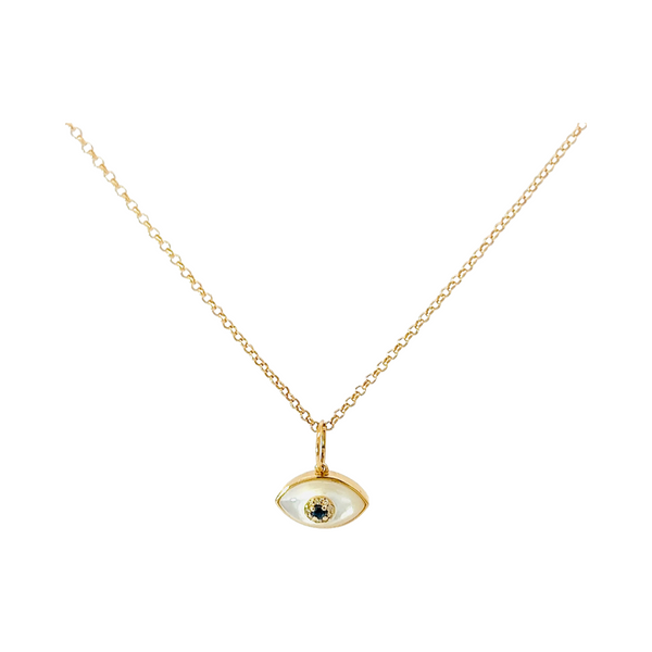 Nazar Mother of Pearl Evil Eye Pendant with Diamonds and Sapphire, 14K Gold