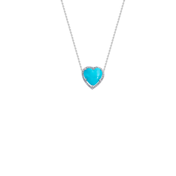 Amara, Turquoise Diamond Halo Heart Necklace, 14K White Gold