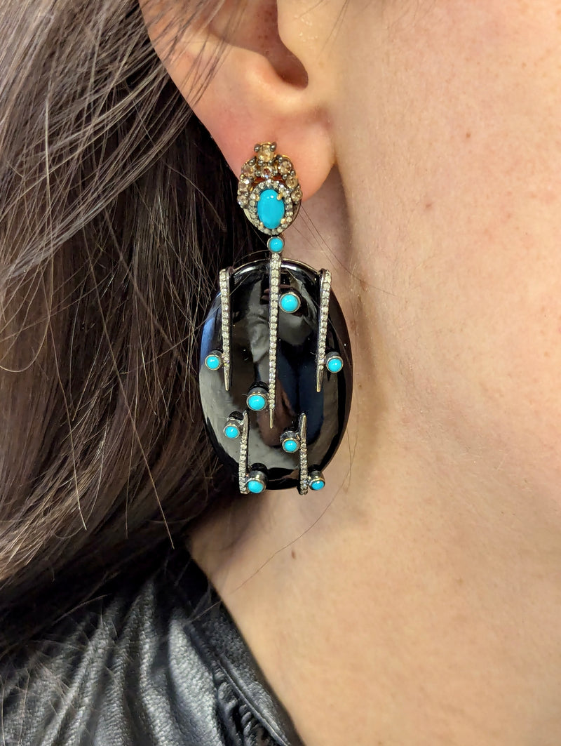 Amaya Black Onyx, Diamond and Turquoise Earrings, Sterling Silver +18k