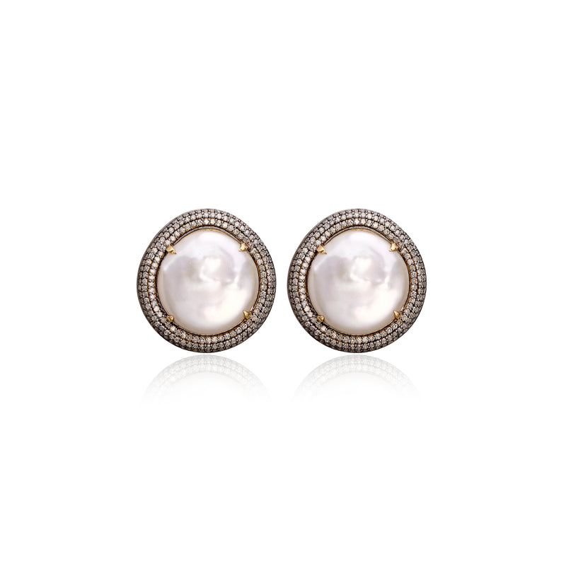 Kaylani Baroque Pearl Diamond Studs Sterling Silver