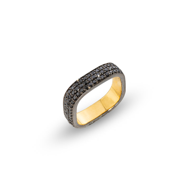 Magumi Mini Black Diamond Square Ring, Sterling Silver + 18K Yellow Gold