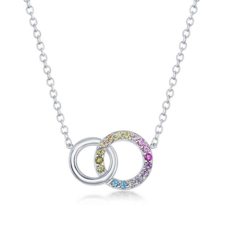 Double Circle Rainbow CZ Necklace, Sterling Silver