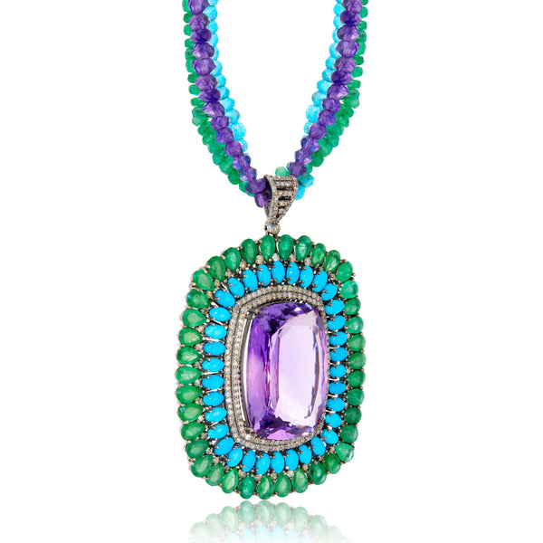 Samyukta Amethyst, Emerald and Turquoise Necklace