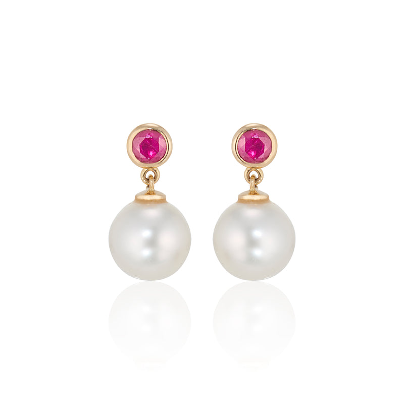 Annie Ruby and Pearl Drop Earrings, 14K Yellow Gold