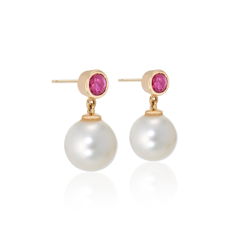 Annie Ruby and Pearl Drop Earrings, 14K Yellow Gold