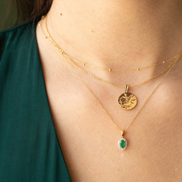 Susanna, Diamond Halo Emerald Necklace 14k Gold