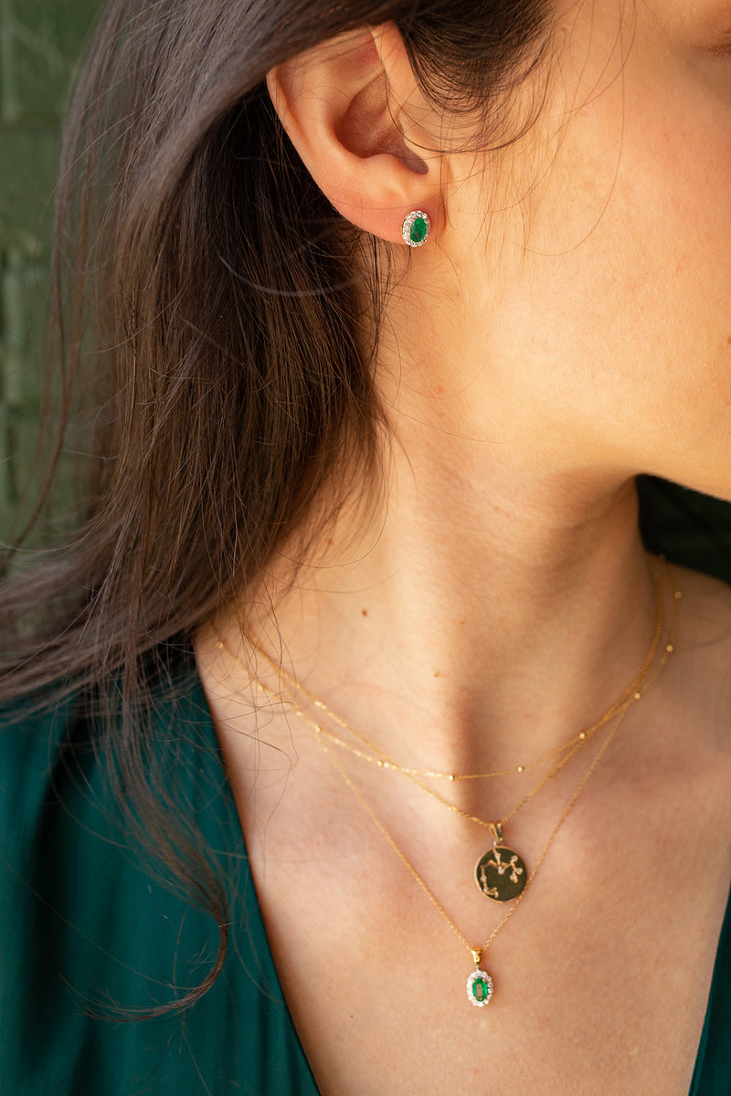 Susanna, Diamond Halo Emerald Necklace 14k Gold
