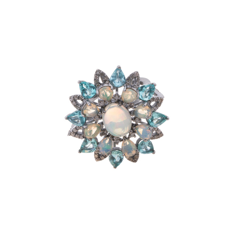 Opal, Blue Topaz & Diamond Ring, Sterling Silver