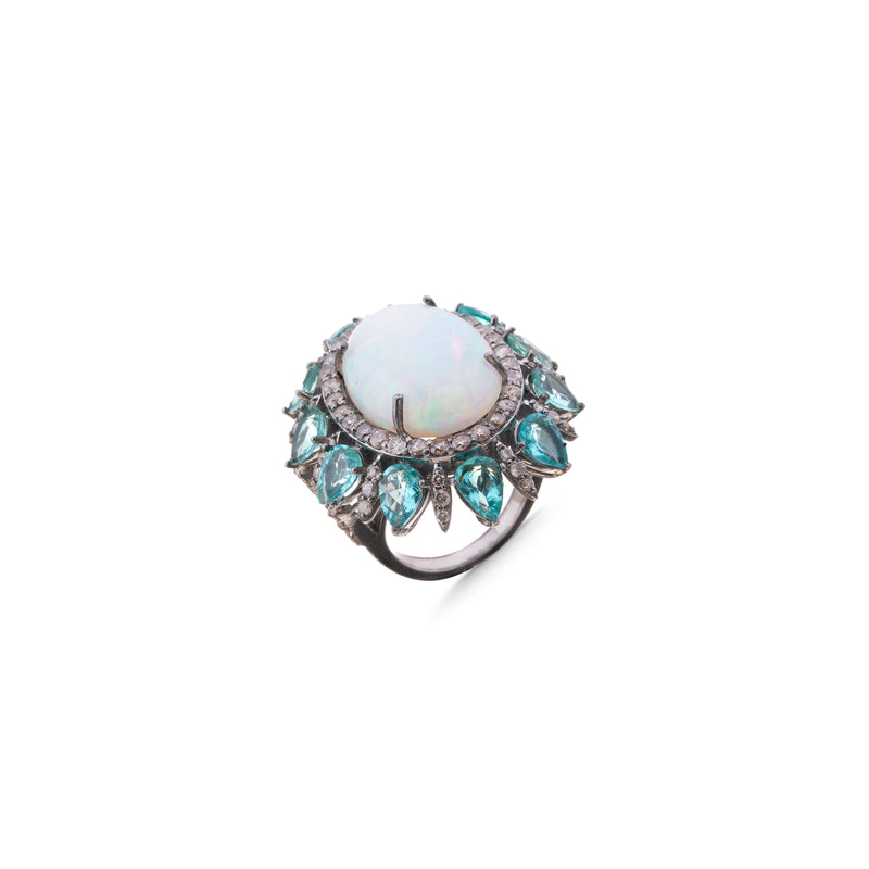 Opal, Blue Topaz and Diamond Ring, Sterling Silver