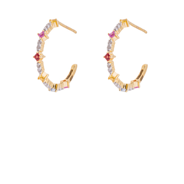 Zoey, Rainbow Sapphire and Diamond Hoop Earrings, 14K Yellow Gold