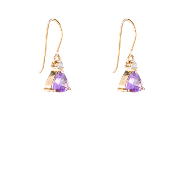 Zoya, Concave Cut Amethyst and Diamond Drop Earrings, 14K Gold