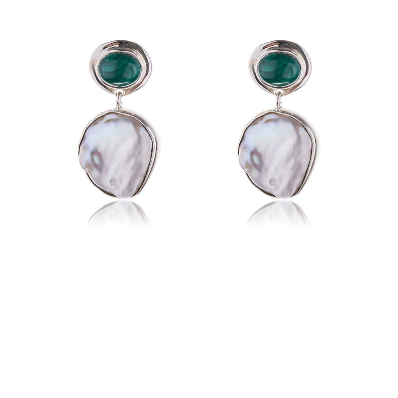Jackie Baroque Pearl and Malachite Earrings, Sterling Silver