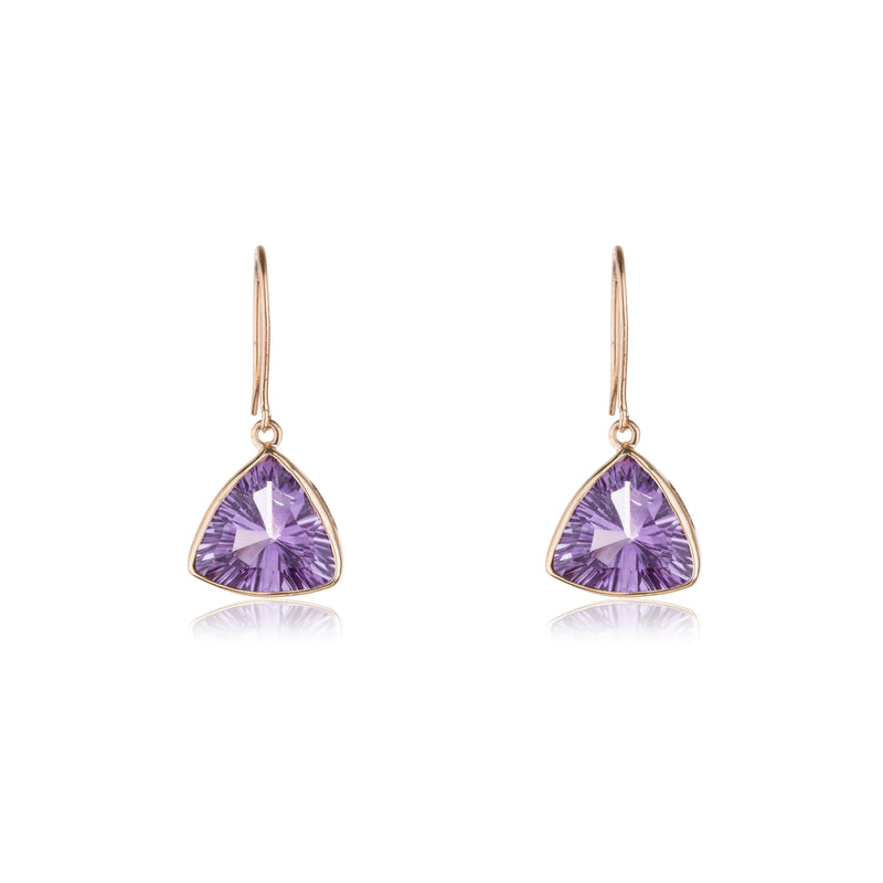 Wilamena, Amethyst Concave Cut Triangle Drop Earrings, 14K Yellow Gold