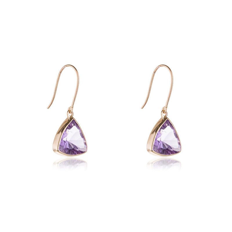 Wilamena, Amethyst Concave Cut Triangle Drop Earrings, 14K Yellow Gold