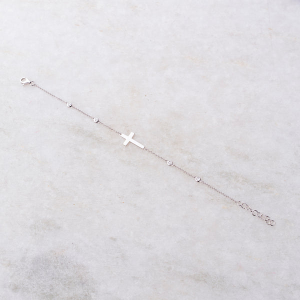Cross Bracelet with Diamond Bezels, 14K White Gold