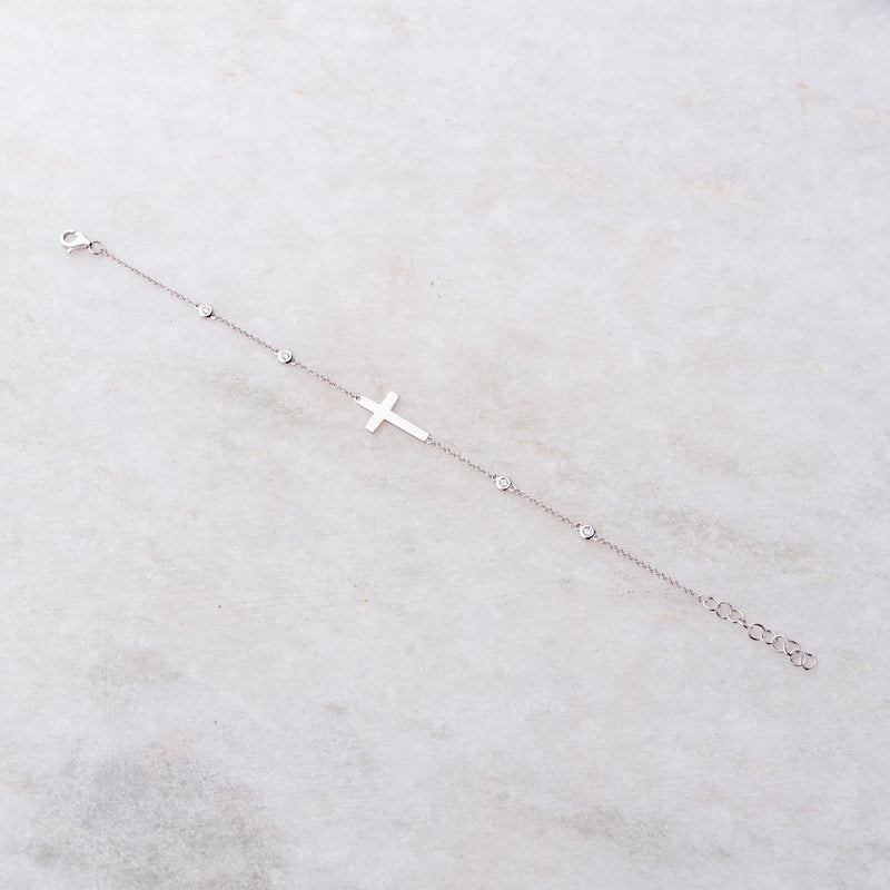 Cross Bracelet with Diamond Bezels, 14K White Gold