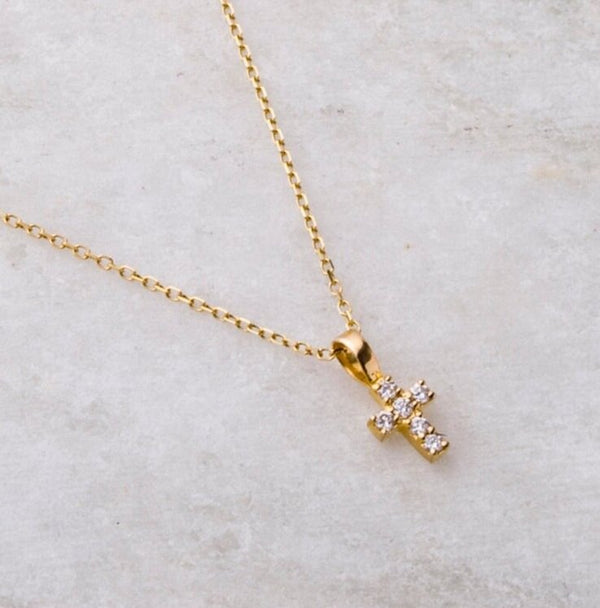 Small Diamond Cross Necklace, 14K Gold