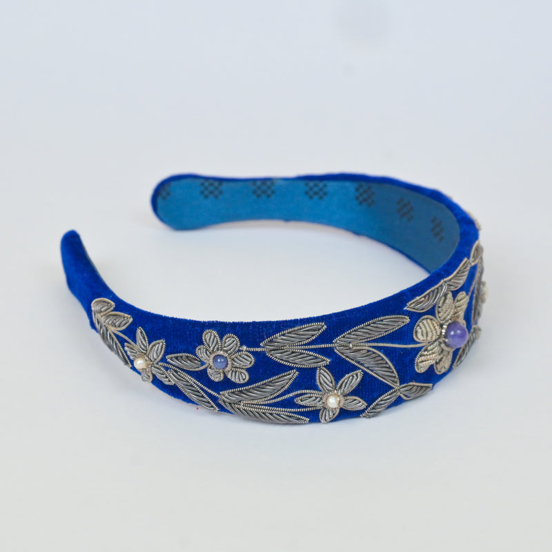 Headband with Flower Embroidery in Blue