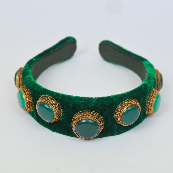 Headband with Green Onyx and Chalcedony Gemstones