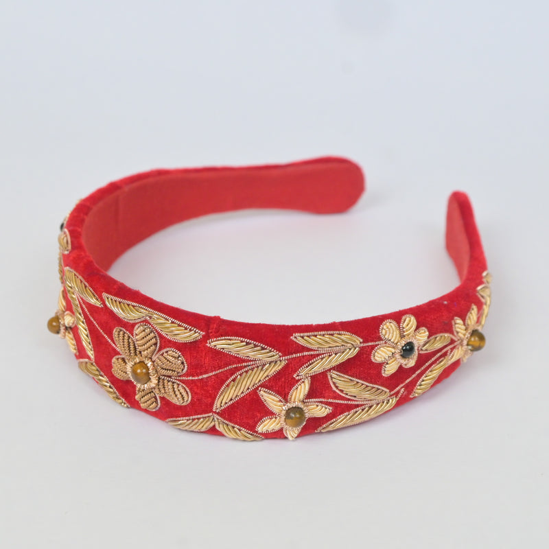 Headband with Flower Embroidery in Red