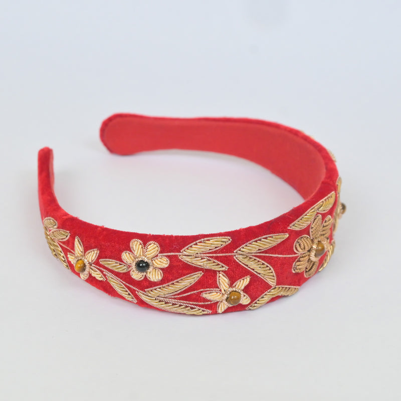 Headband with Flower Embroidery in Red