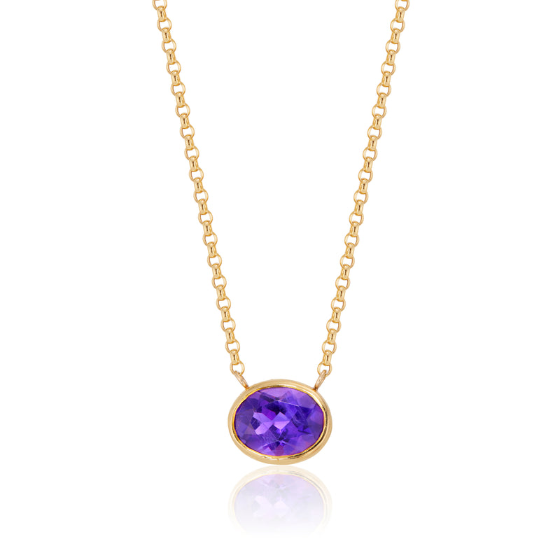 Oval Cut Amethyst Necklace, 14K Yellow Gold