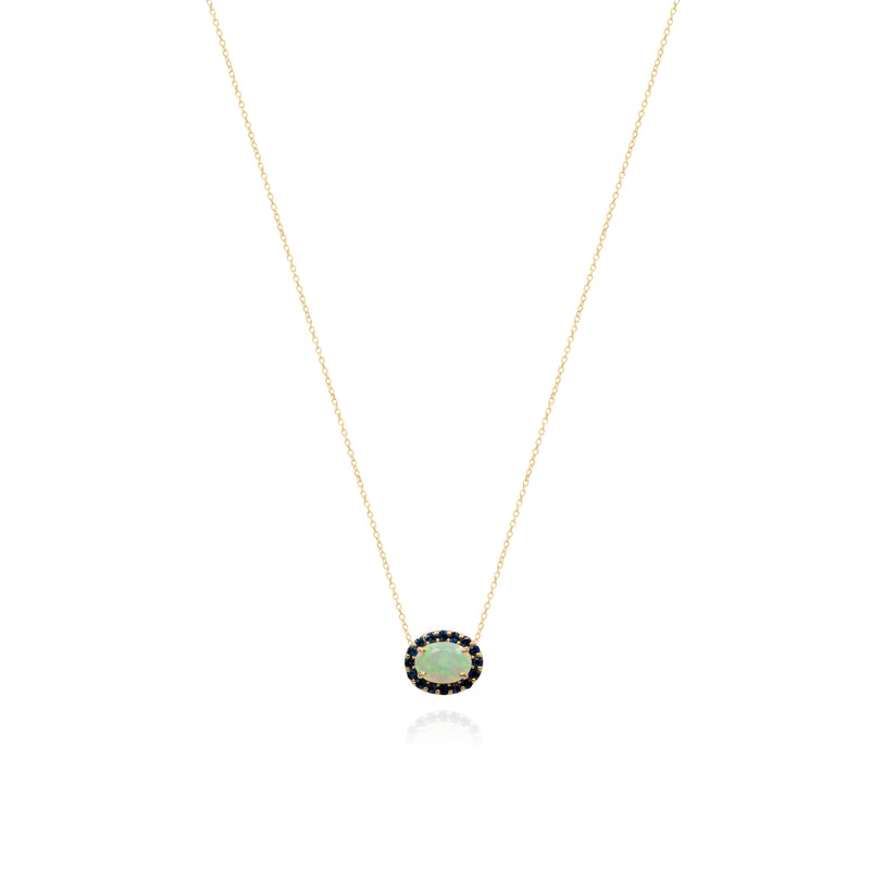 Aurora,Opal and Sapphire Halo Necklace 14k Gold
