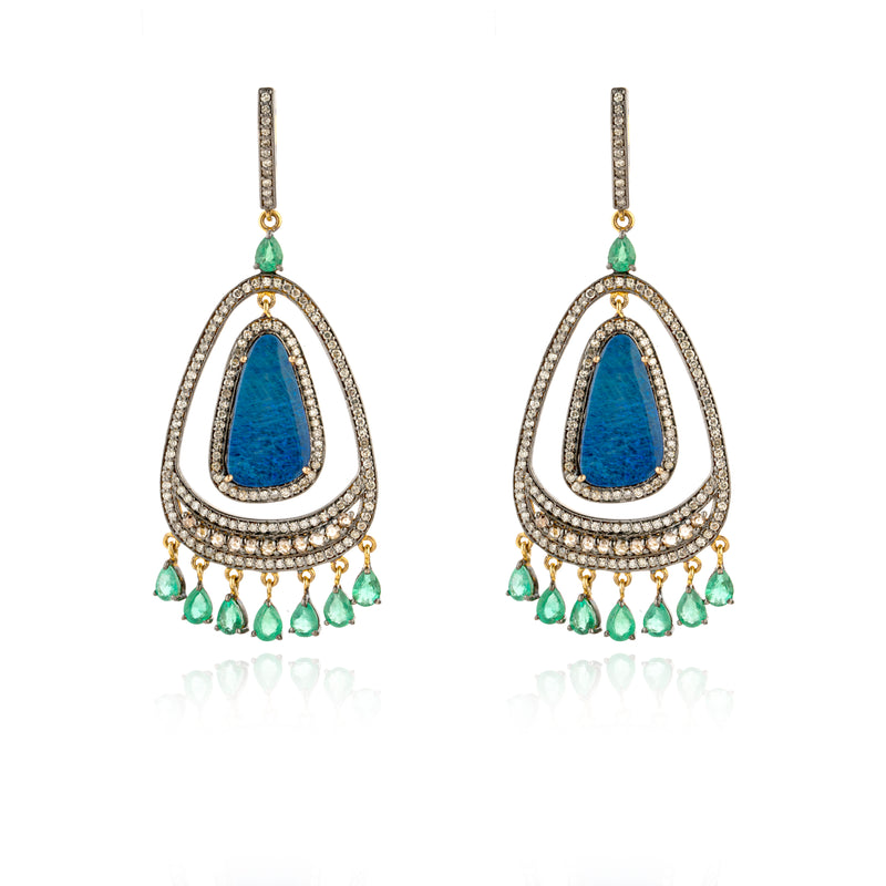 Amaya, Emerald,Boulder Opal Diamond Earrings